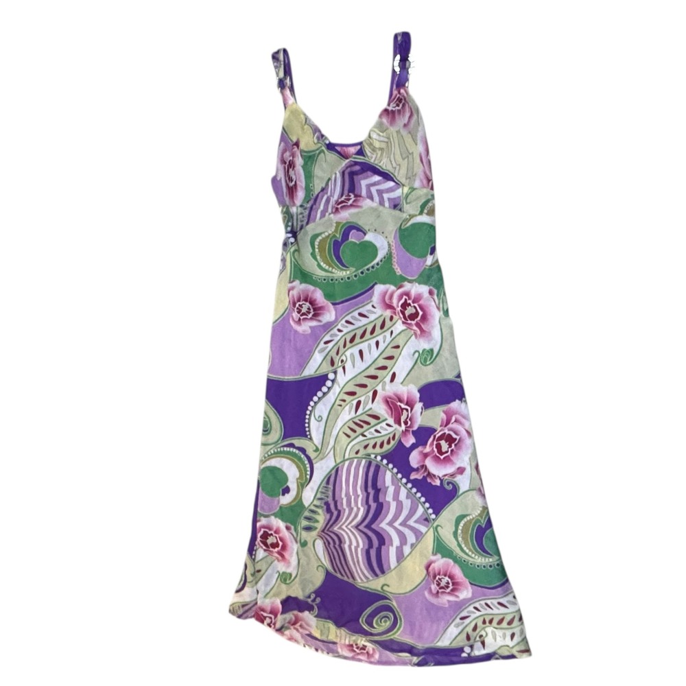 Annah S Stretton Floral psychedelic Maxi Sz L‎ slip Dress Shimmer Y2K midi boho